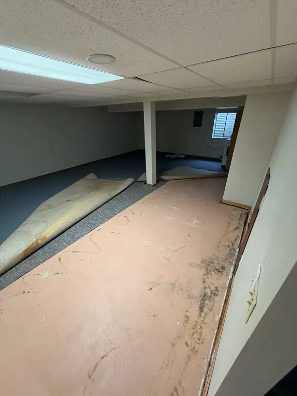 Carpet pulled up in a basement