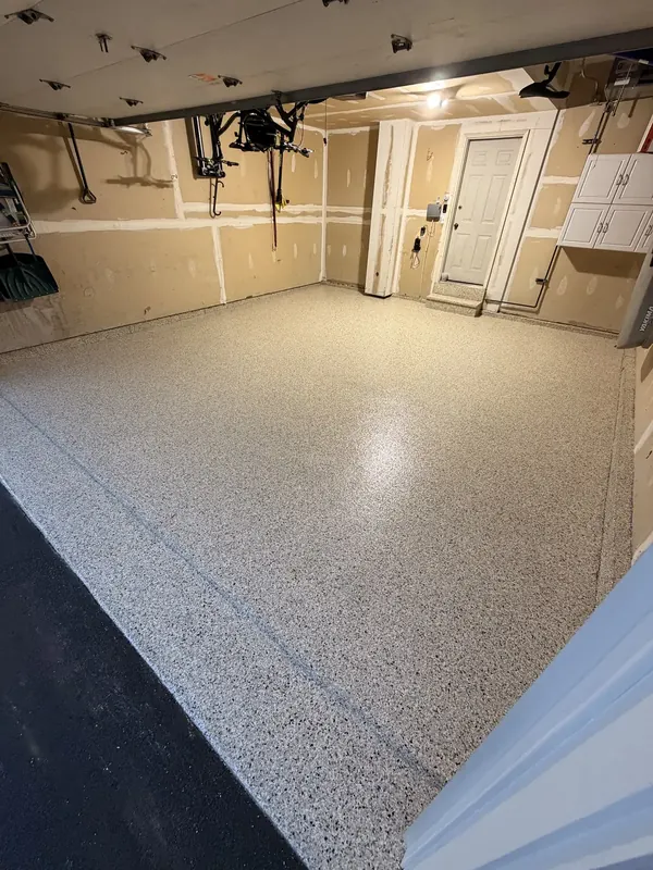 Beige flake garage floor in the evening