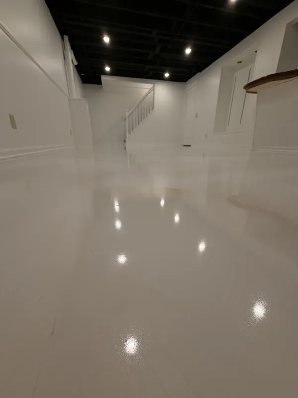 Glossy white basement floor