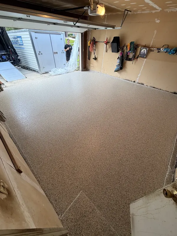 Tan flake coated garage floor