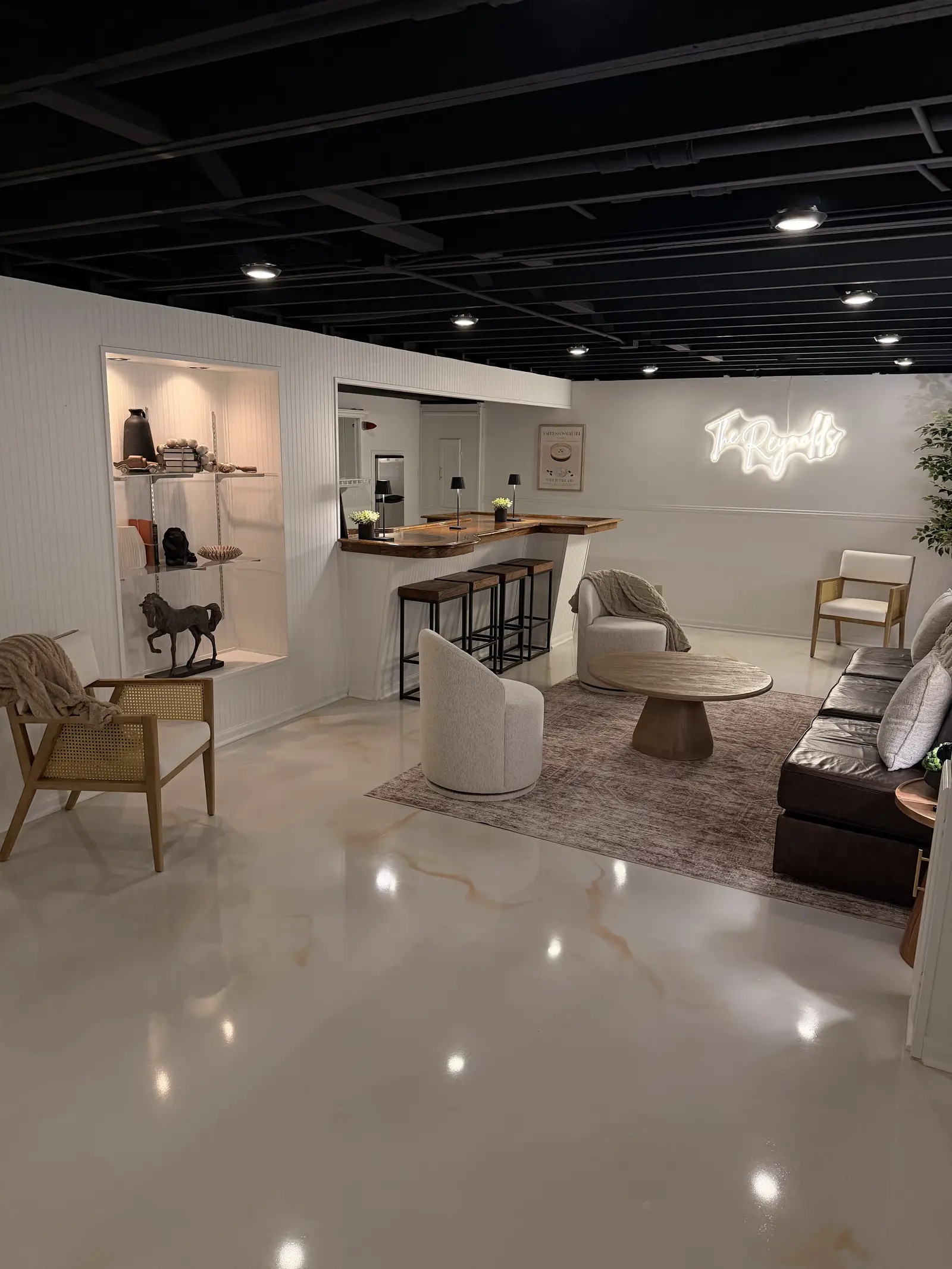 Marble metallic floor in a finished retail salon with chairs and a counter